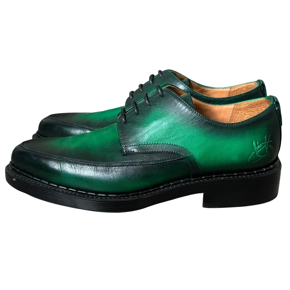 John Fluevog Moneymaker Lace Up Derby Shoes Size 7 Green Hand Painted Leather - Picture 4 of 10